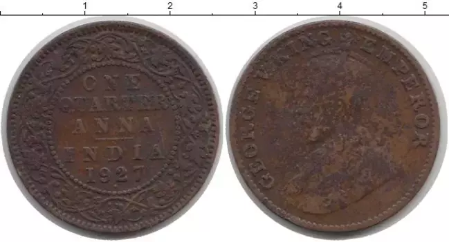 Монета 1/4 анны Индии 1927 года Медь Георг V