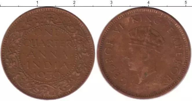 Монета 1/4 анны Индии 1939 года Бронза Георг VI