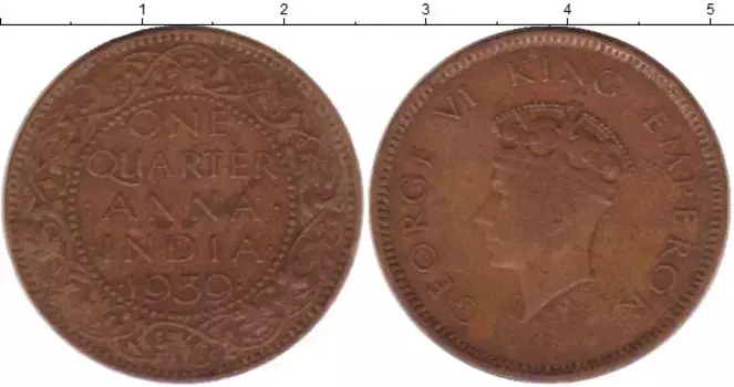 Монета 1/4 анны Индии 1939 года Бронза Георг VI