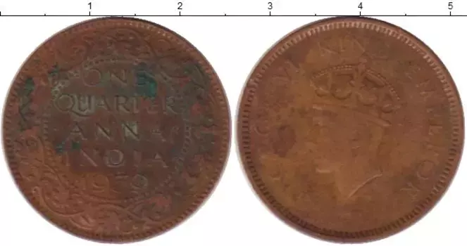 Монета 1/4 анны Индии 1939 года Бронза Георг VI