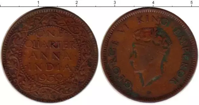 Монета 1/4 анны Индии 1939 года Бронза Георг VI
