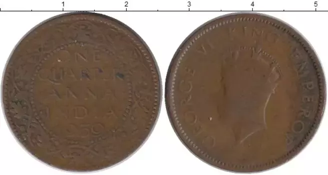 Монета 1/4 анны Индии 1939 года Бронза Георг VI