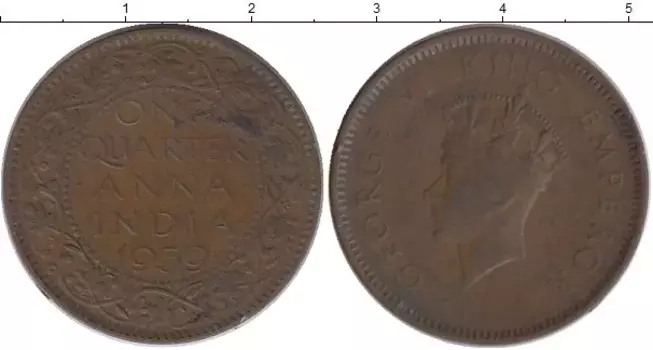 Монета 1/4 анны Индии 1939 года Бронза Георг VI