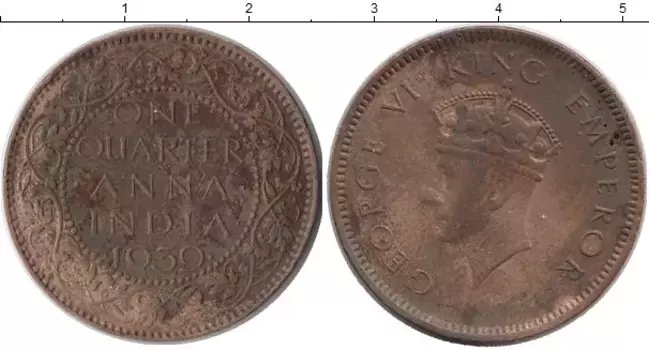 Монета 1/4 анны Индии 1939 года Бронза Георг VI