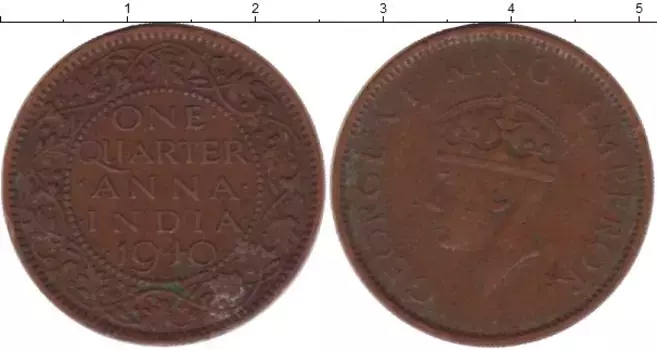 Монета 1/4 анны Индии 1940 года Бронза Георг VI