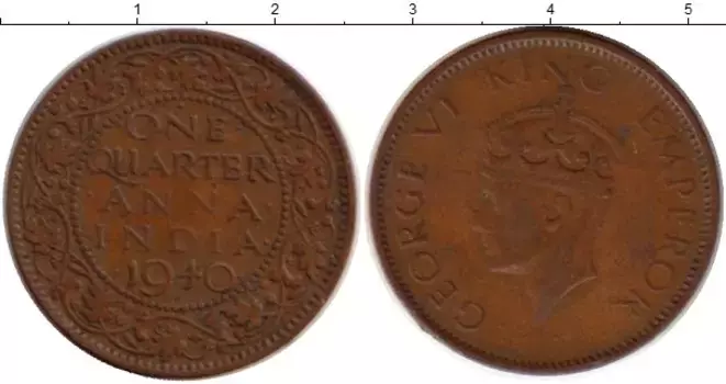Монета 1/4 анны Индии 1940 года Бронза Георг VI
