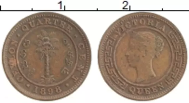 Монета 1/4 цента Цейлона 1898 года Медь Виктория