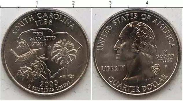 Монета 1/4 доллара Америки 2000 года Медно-никель Южная Каролина 1788