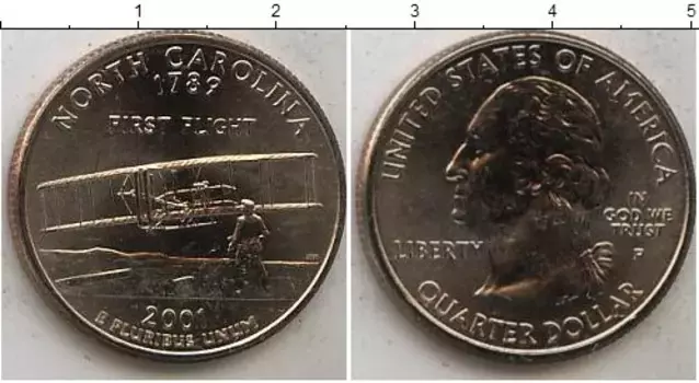 Монета 1/4 доллара Америки 2001 года Медно-никель P Северная Каролина 1789