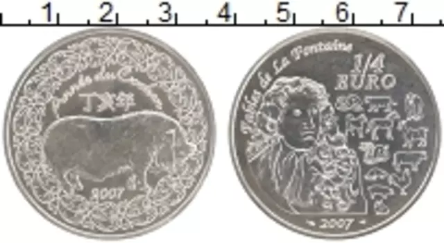 Монета 1/4 евро Франции 2007 года Серебро Год Свиньи