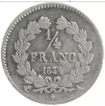 Монета 1/4 франка Франции 1834 года Серебро Луи Филипп I