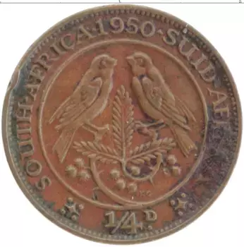 Монета 1/4 пенни Южно Африканской Республики 1950 года Бронза Георг VI