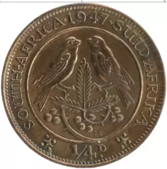 Монета 1/4 пенни Южно Африканской Республики 1947 года Бронза Георг VI
