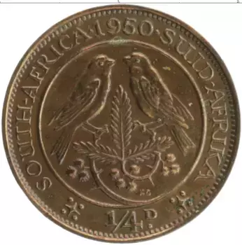 Монета 1/4 пенни Южно Африканской Республики 1950 года Бронза Георг VI