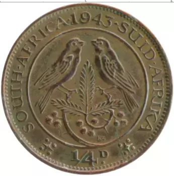Монета 1/4 пенни Южно Африканской Республики 1943 года Бронза Георг VI