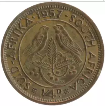Монета 1/4 пенни Южно Африканской Республики 1957 года Бронза Елизавета II