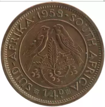 Монета 1/4 пенни Южно Африканской Республики 1958 года Бронза Елизавета II