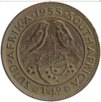 Монета 1/4 пенни Южно Африканской Республики 1955 года Бронза Елизавета II