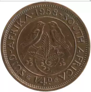 Монета 1/4 пенни Южно Африканской Республики 1958 года Бронза Елизавета II