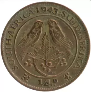 Монета 1/4 пенни Южно Африканской Республики 1943 года Бронза Георг VI