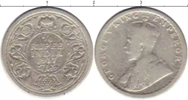 Монета 1/4 рупии Индии 1917 года Серебро Георг V
