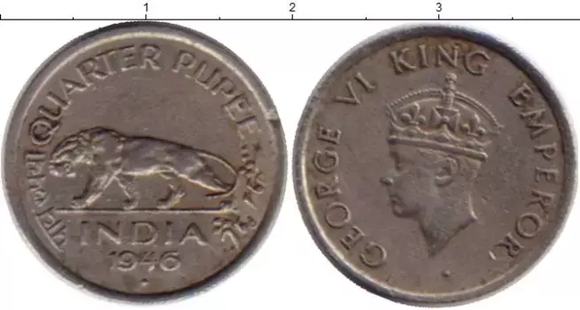 Монета 1/4 рупии Индии 1946 года Медно-никель Георг VI