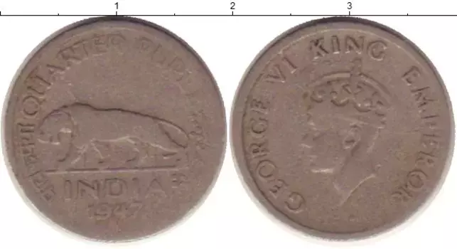 Монета 1/4 рупии Индии 1947 года Медно-никель Георг VI