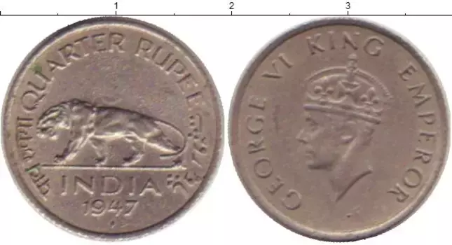 Монета 1/4 рупии Индии 1947 года Медно-никель Георг VI