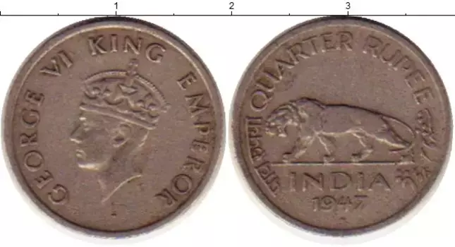 Монета 1/4 рупии Индии 1947 года Медно-никель Георг VI