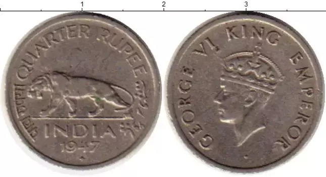 Монета 1/4 рупии Индии 1947 года Медно-никель Георг VI