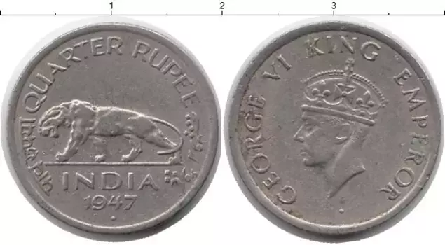 Монета 1/4 рупии Индии 1947 года Медно-никель Георг VI