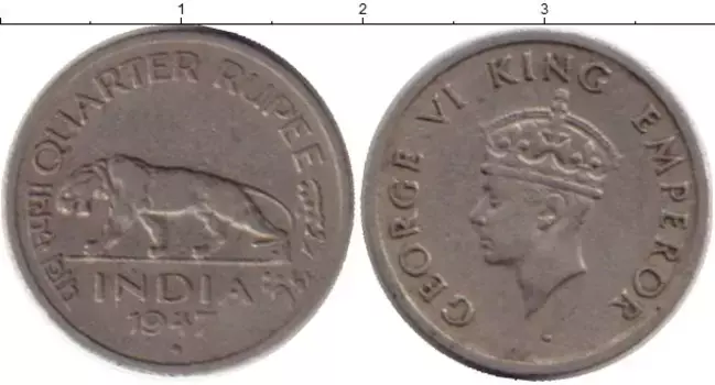 Монета 1/4 рупии Индии 1947 года Медно-никель Георг VI