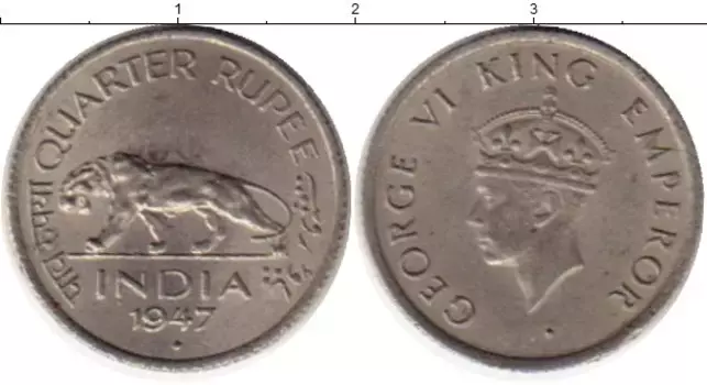 Монета 1/4 рупии Индии 1947 года Медно-никель Георг VI