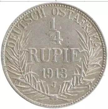Монета 1/4 рупии Немецкой Африки 1913 года Серебро J Вильгельм II