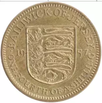 Монета 1/4 шиллинга Острова Джерси 1957 года Латунь Елизавета II