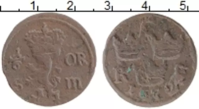 Монета 1/6 эре Швеции 1672 года Медь