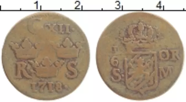 Монета 1/6 эре Швеции 1718 года Медь Карл XII
