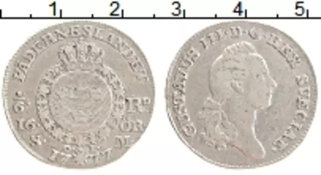 Монета 1/6 ригсдалера Швеции 1777 года Серебро Густав III (Чеканка два года)