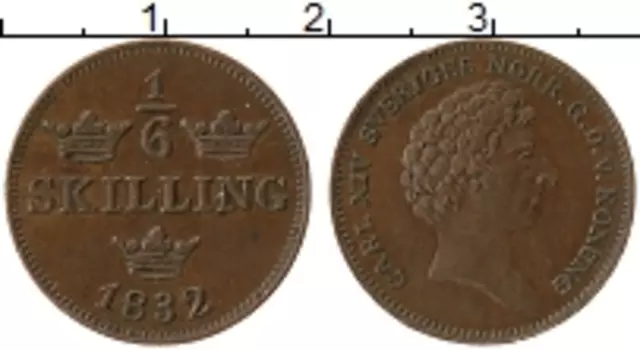 Монета 1/6 скиллинга Швеции 1832 года Медь Карл XIV