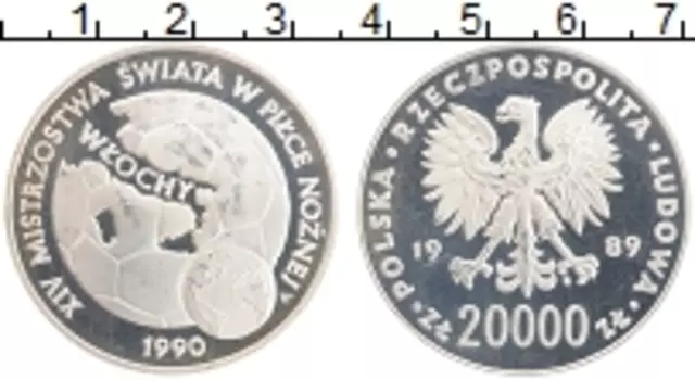 Монета 20000 злотых Польши 1989 года Серебро Чемпионат по футболу в Италии