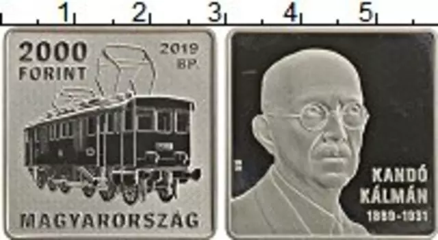 Монета 2000 форинтов Венгрии 2019 года Медно-никель 150 лет со дня рождения Кальмана Кандо, трамвай