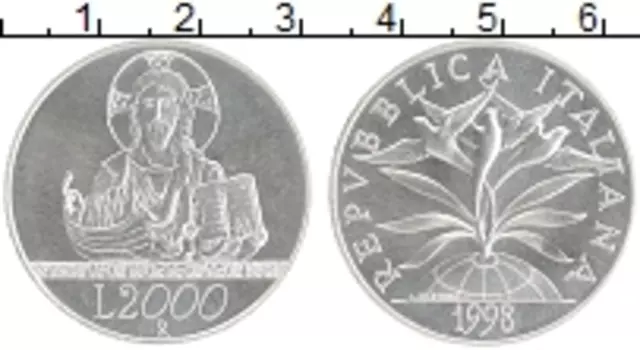 Монета 2000 лир Италии 1998 года Серебро 1000 лет Христианства