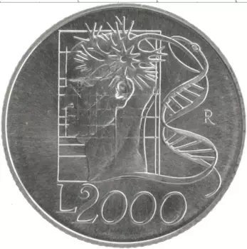 Монета 2000 лир Италии 1998 года Серебро Творческий разум