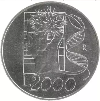 Монета 2000 лир Италии 1998 года Серебро Творческий разум