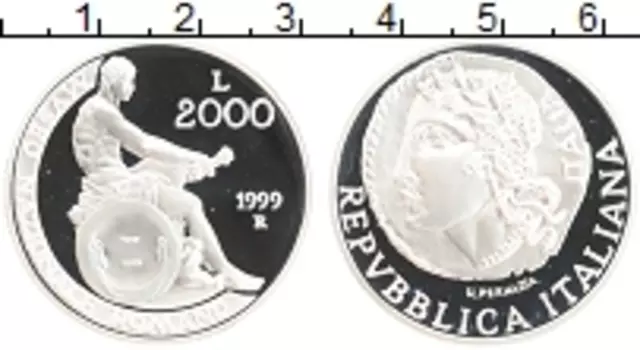 Монета 2000 лир Италии 1999 года Серебро 110 лет со дня основания Национального музея Рима