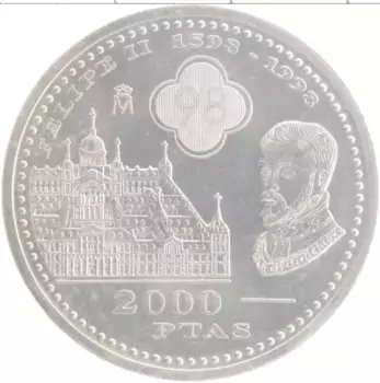Монета 2000 песет Испании 1998 года Серебро 400 лет со дня смерти Филиппа II