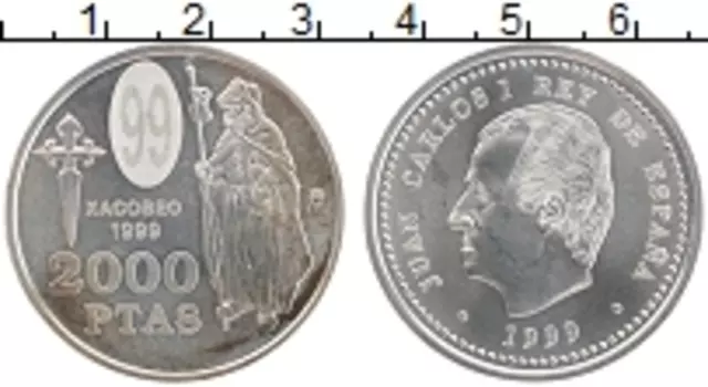 Монета 2000 песет Испании 1999 года Серебро Хуан Карлос I