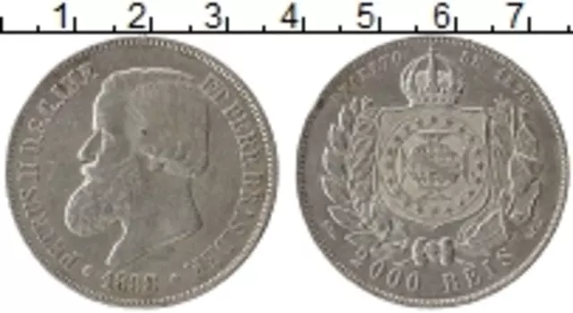 Монета 2000 рейс Бразилии 1888 года Серебро Педро II