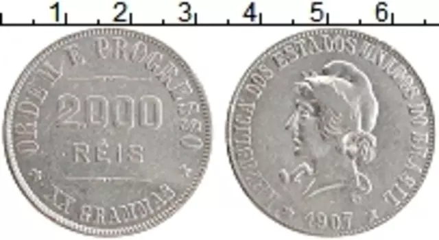 Монета 2000 рейс Бразилии 1907 года Серебро