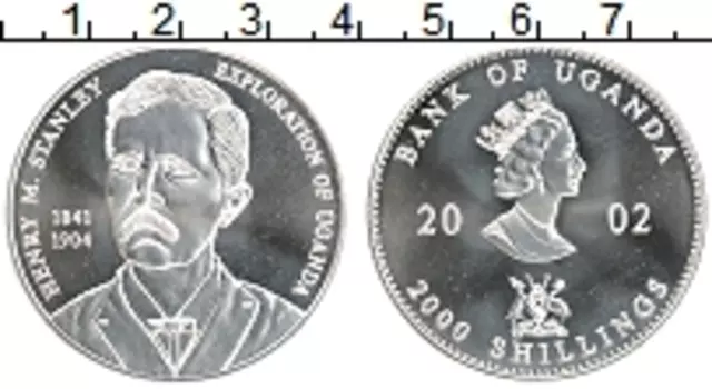 Монета 2000 шиллингов Уганды 2002 года Серебро Генри Стэнли